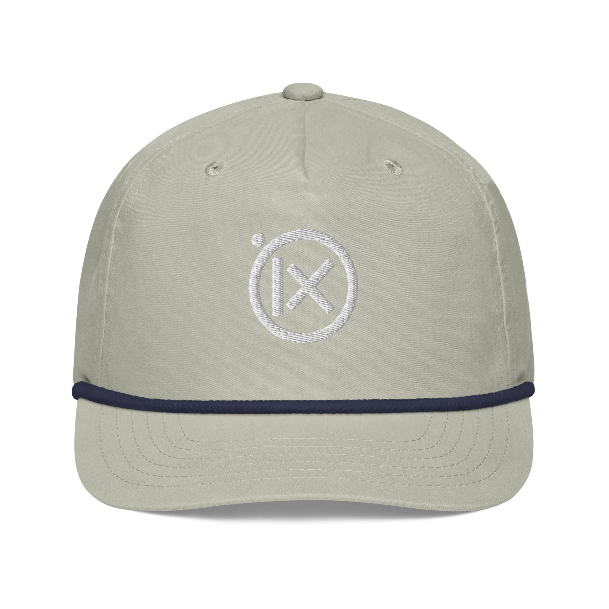 Light gray baseball cap with navy trim and white circular X logo on front.