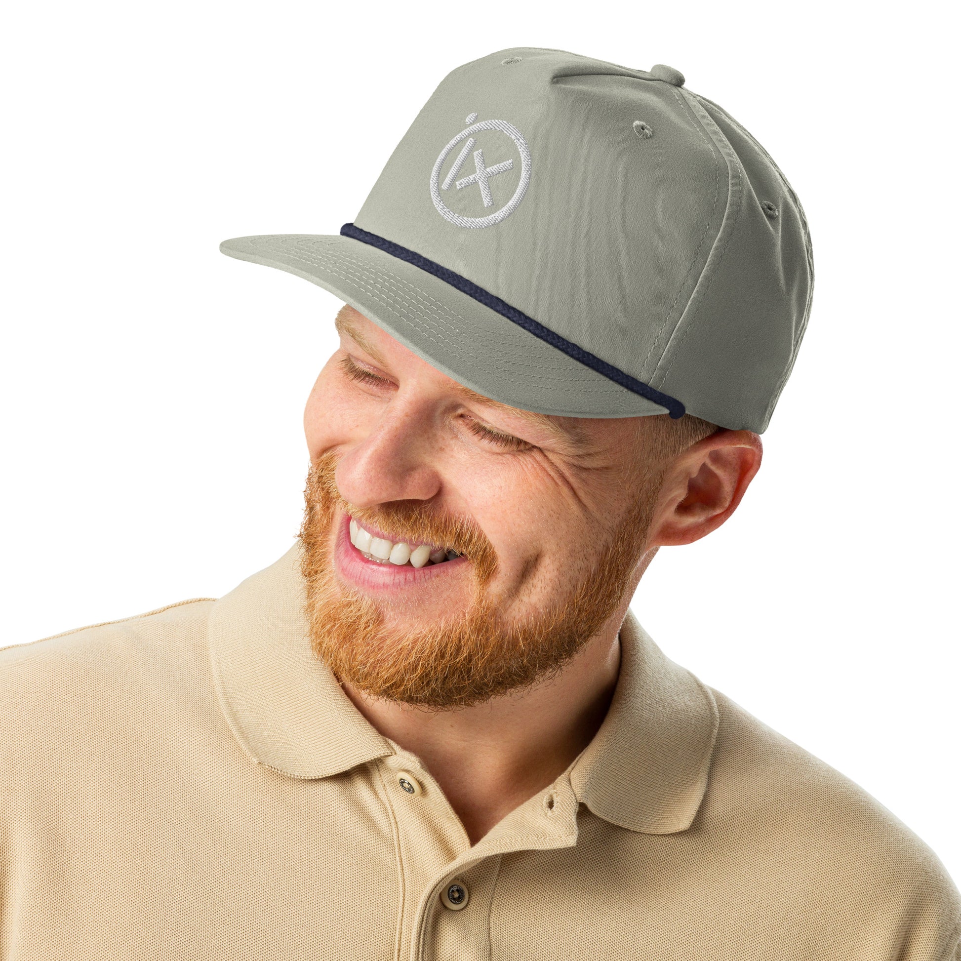 Gray golf snapback cap with navy trim and white circular X logo on front.