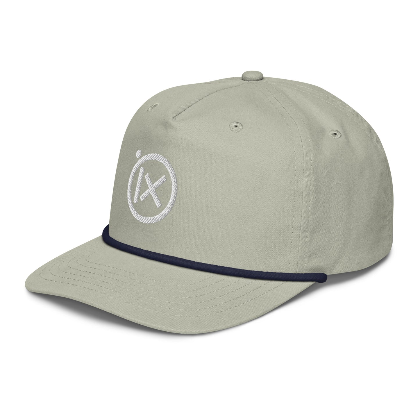 Light gray snapback cap with navy edge, curved brim, and white circular X logo.