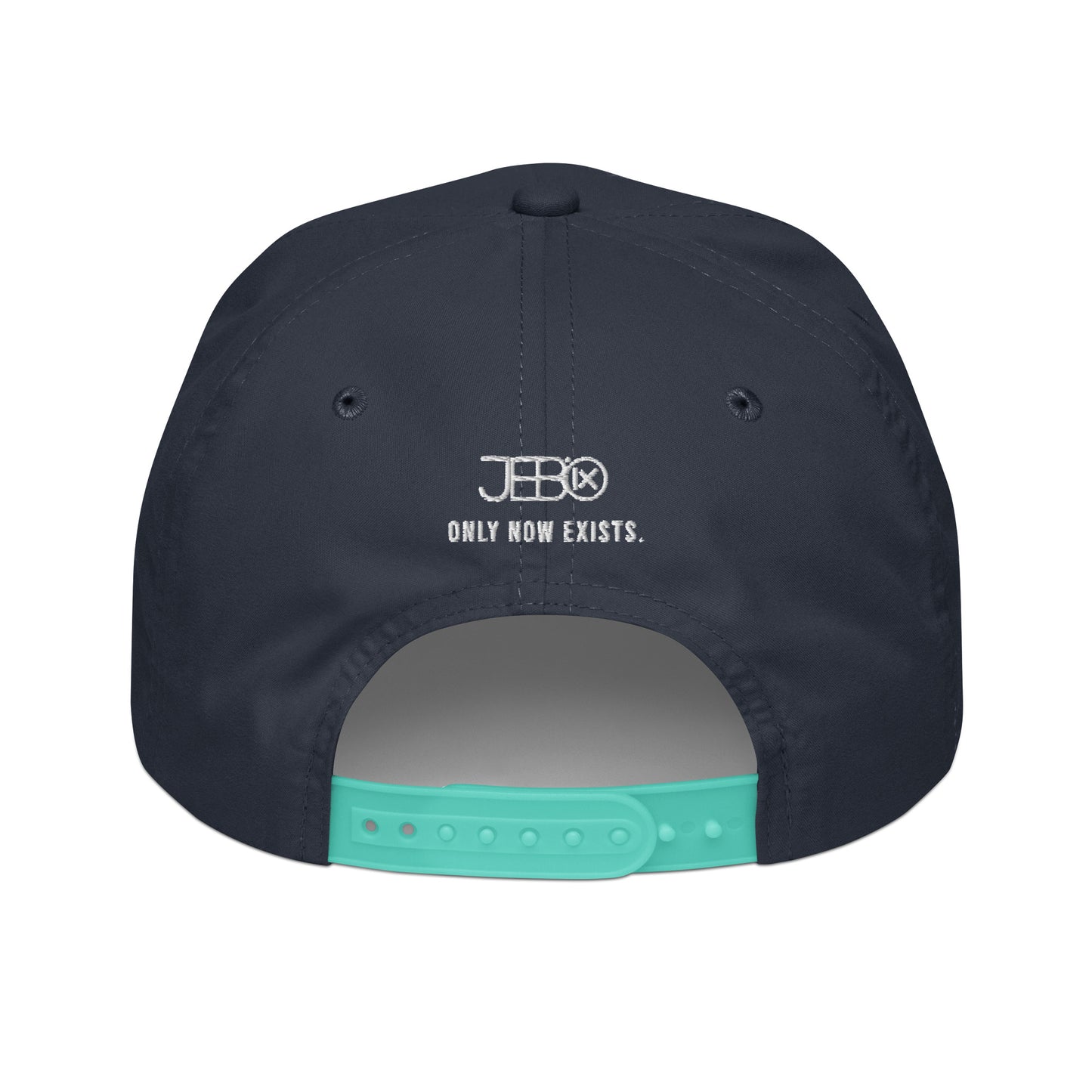 Navy golf snapback cap back with 'ONLY NOW EXISTS' text and snapback strap.