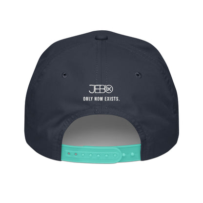 Navy golf snapback cap back with 'ONLY NOW EXISTS' text and snapback strap.