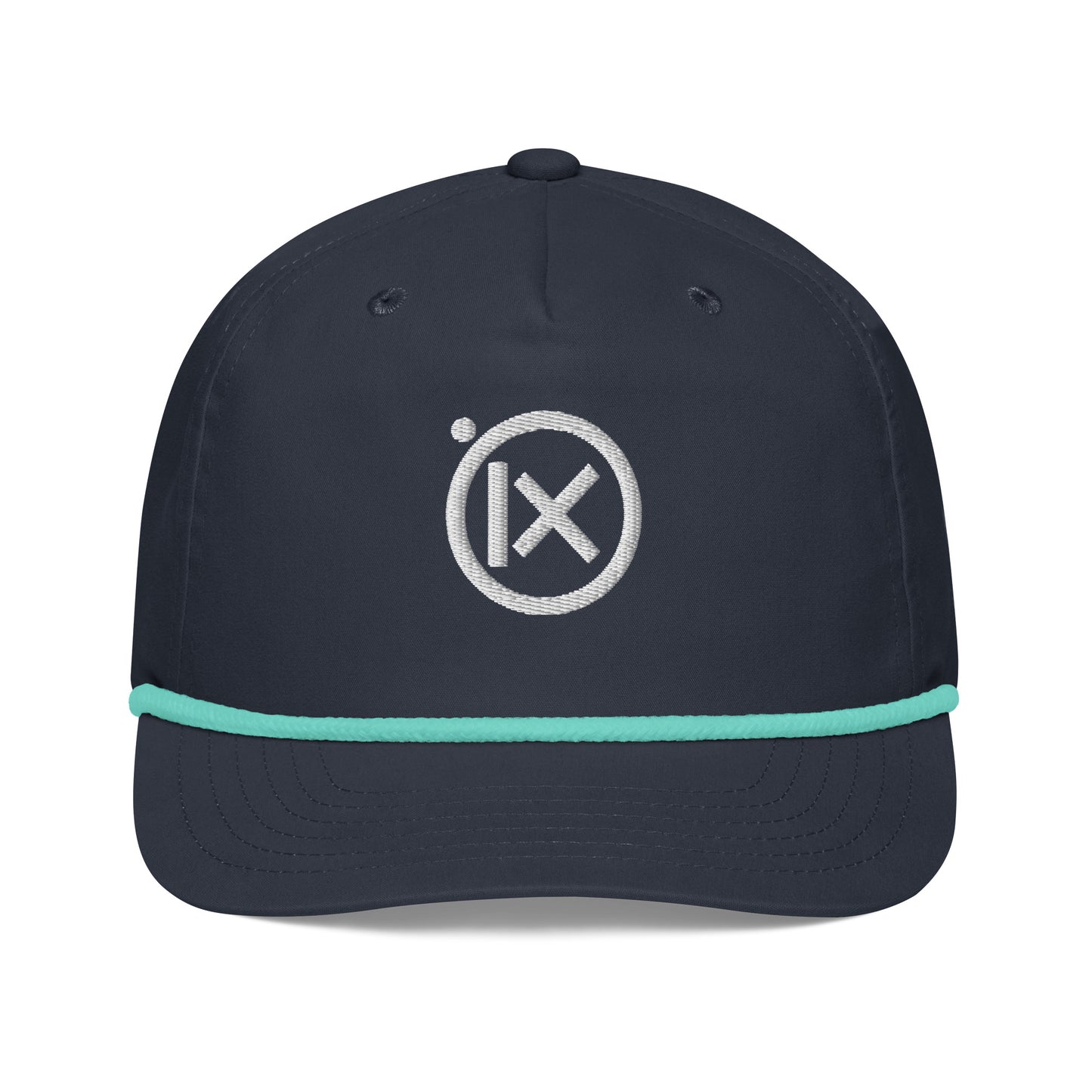Navy golf snapback cap with turquoise rope trim and circular X logo on front.
