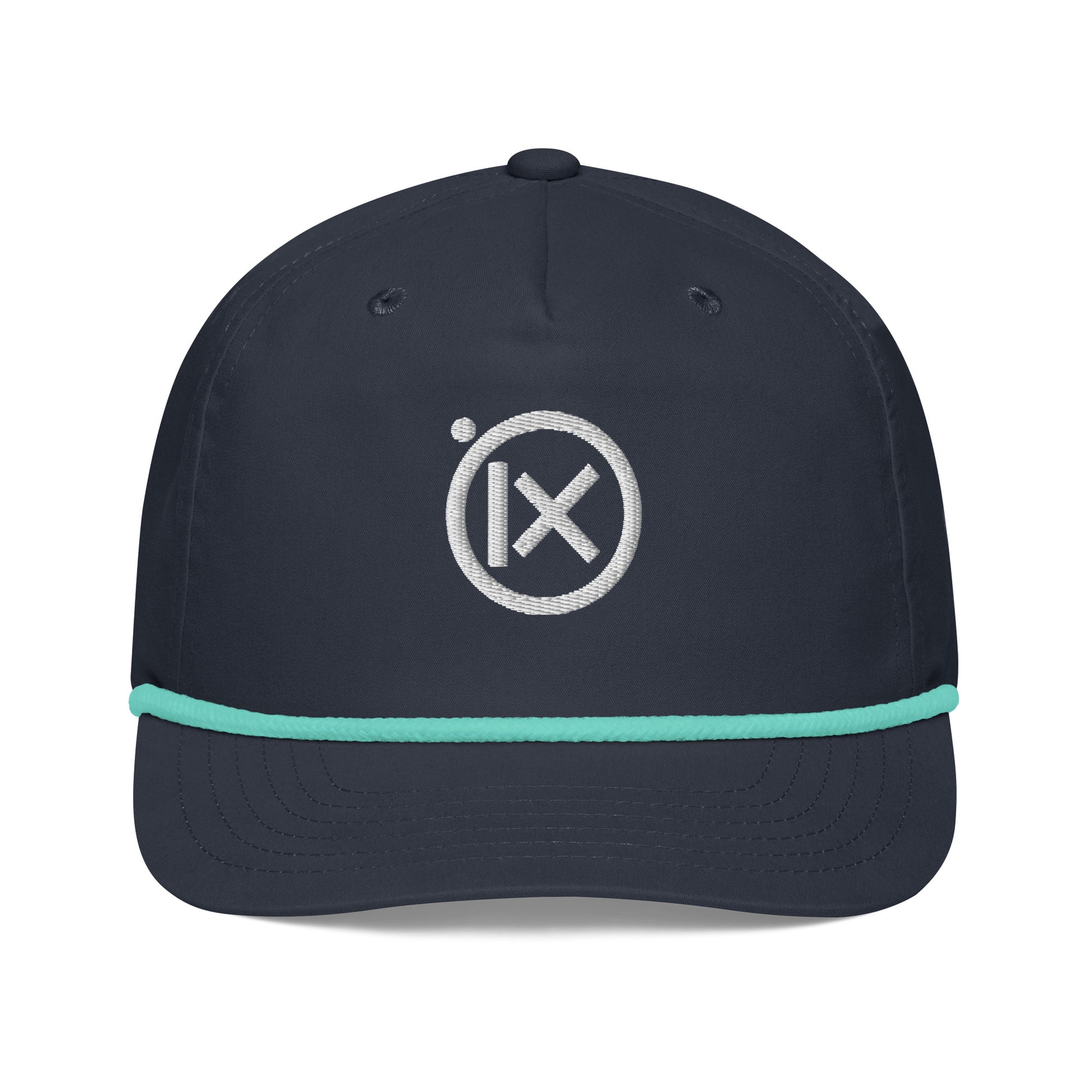 Navy golf snapback cap with turquoise rope trim and circular X logo on front.