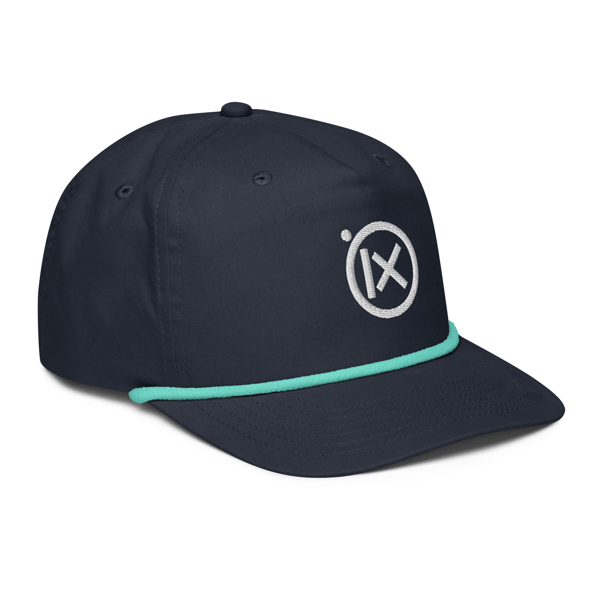 Navy golf snapback cap, angled side view, with turquoise rope trim and X logo.