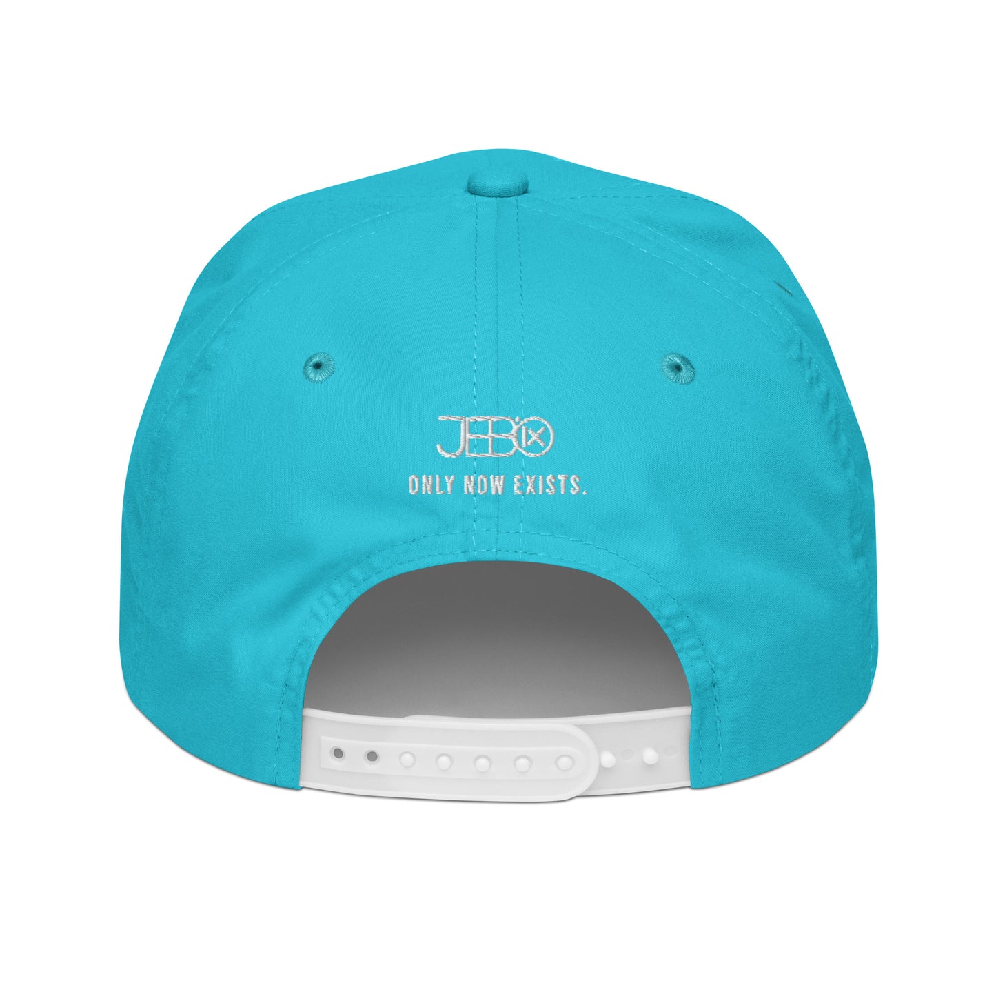 Turquoise golf snapback cap back with embroidered JEBO and 'ONLY NOW EXISTS' text.