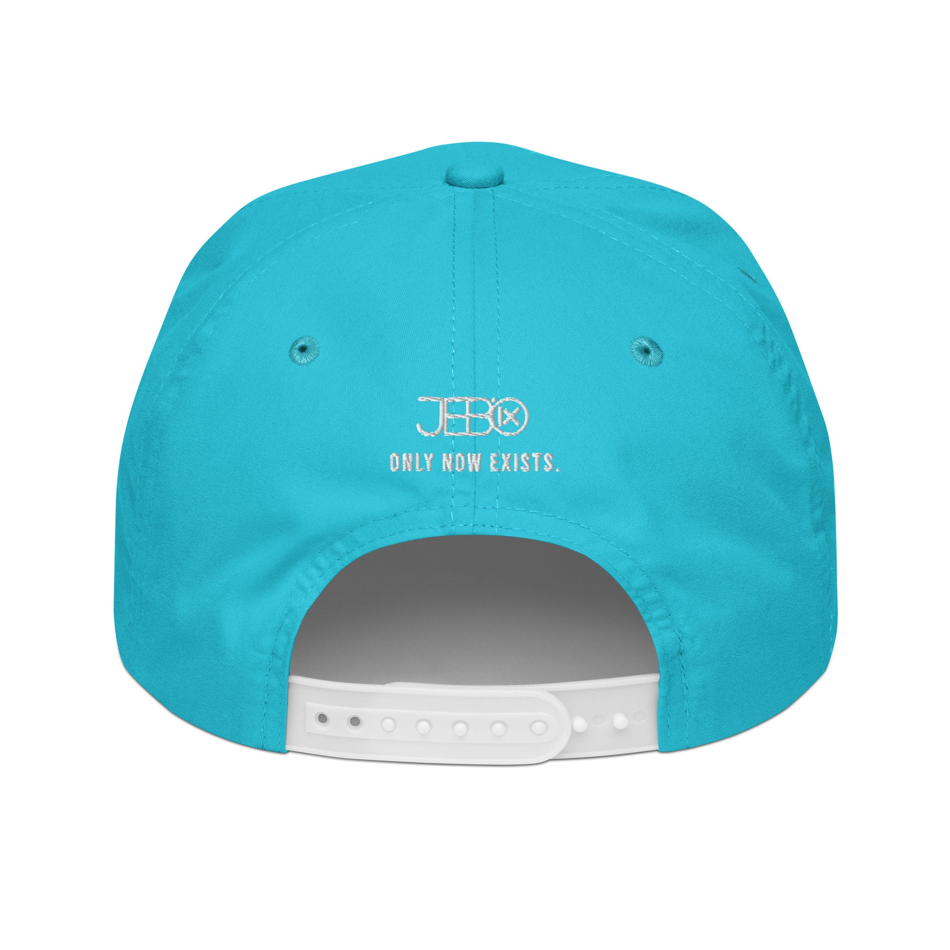 Turquoise golf snapback cap back with embroidered JEBO and 'ONLY NOW EXISTS' text.