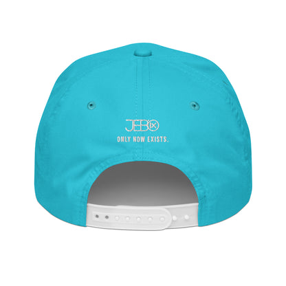 Turquoise golf snapback cap back with embroidered JEBO and 'ONLY NOW EXISTS' text.