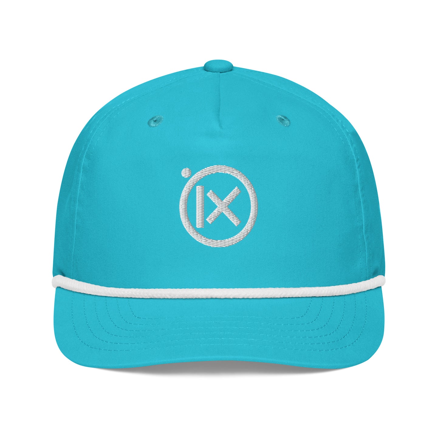 Turquoise golf snapback cap with front X logo patch and white rope headband.