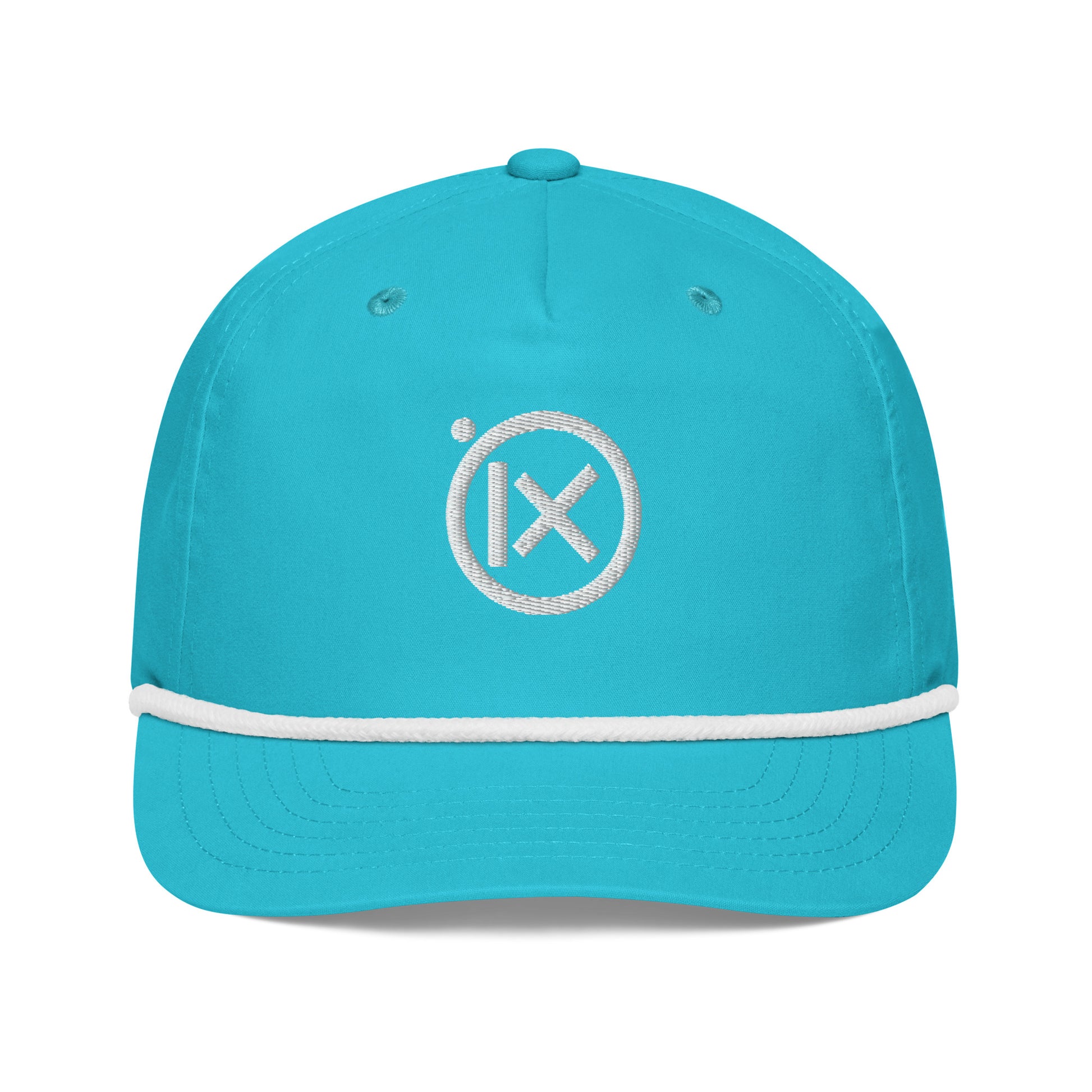 Turquoise golf snapback cap with front X logo patch and white rope headband.