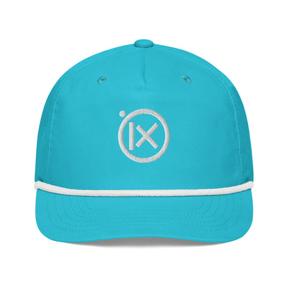 Turquoise golf snapback cap with front X logo patch and white rope headband.