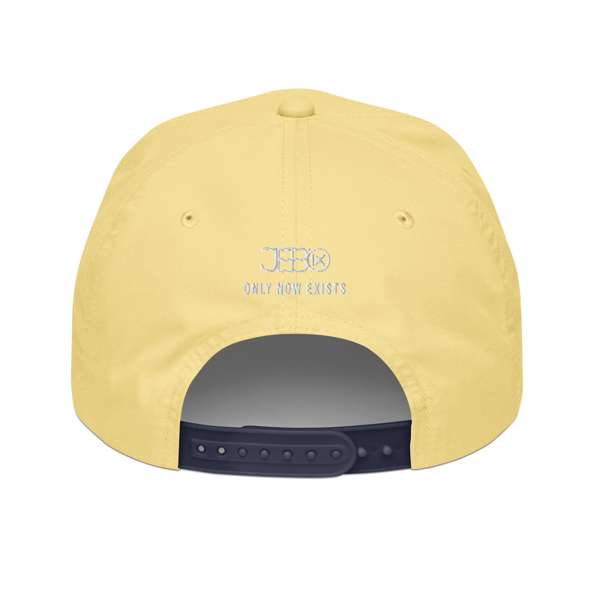 Yellow snapback cap back panel with circular logo and text, plus adjustable strap.