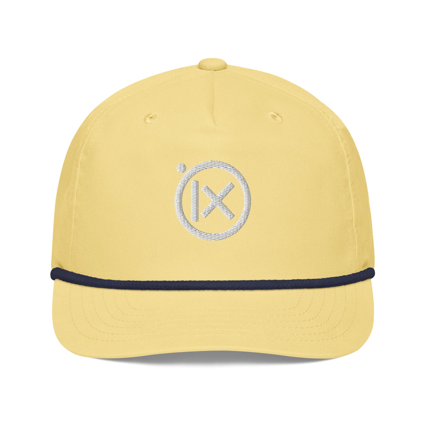 Yellow snapback cap front view with white circular X logo and navy trim.