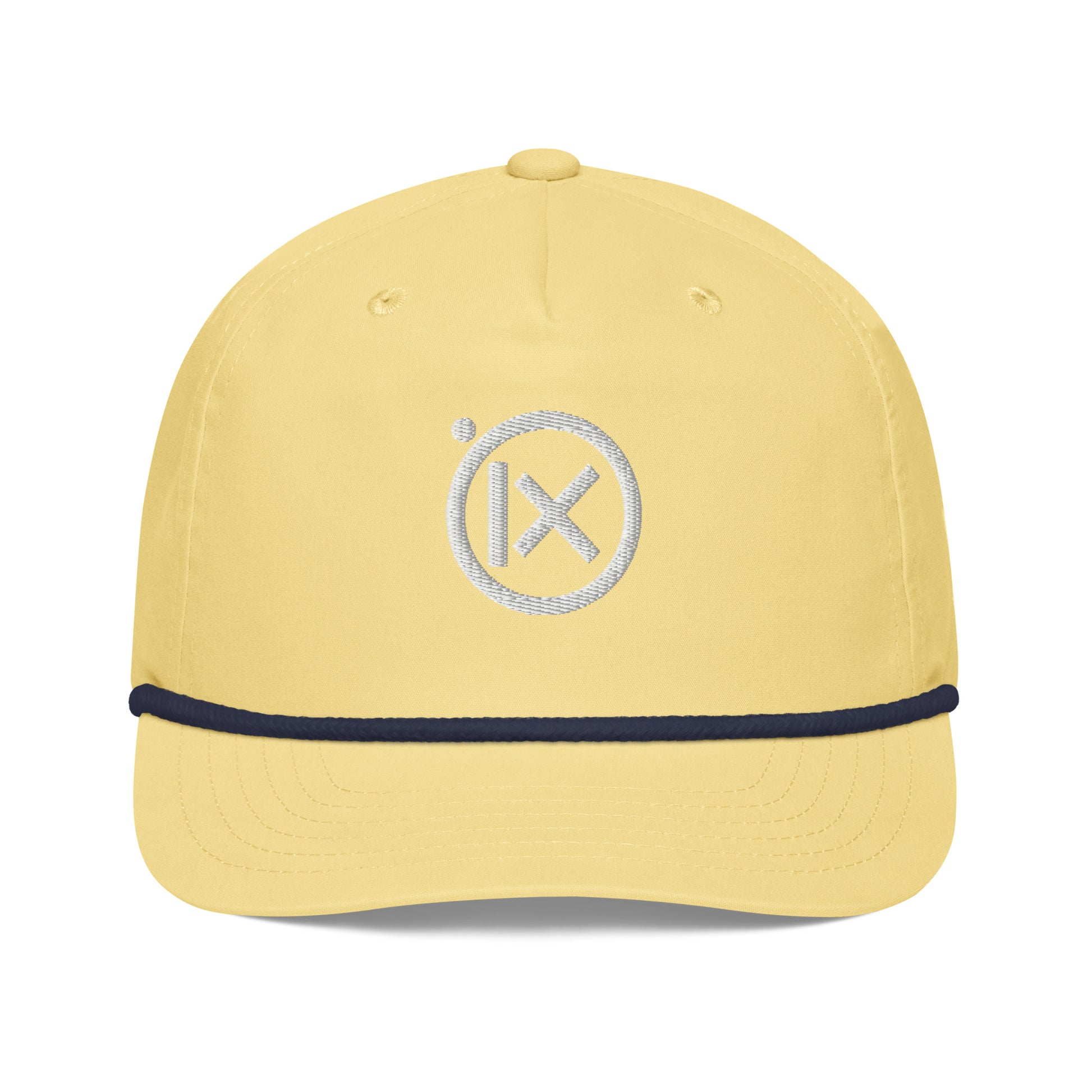 Yellow snapback cap front view with white circular X logo and navy trim.