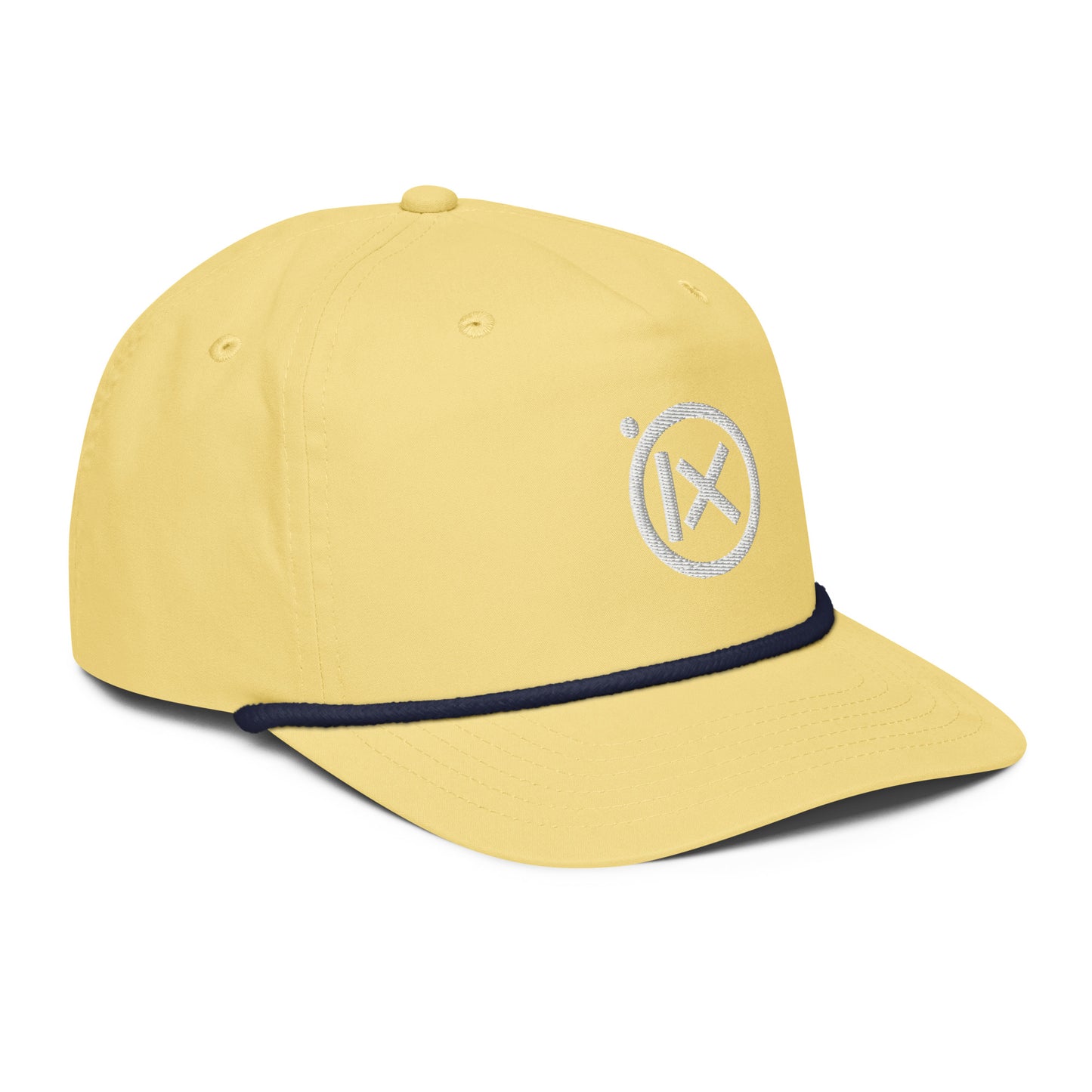 Yellow baseball cap with curved brim, navy band, and white circular X logo.