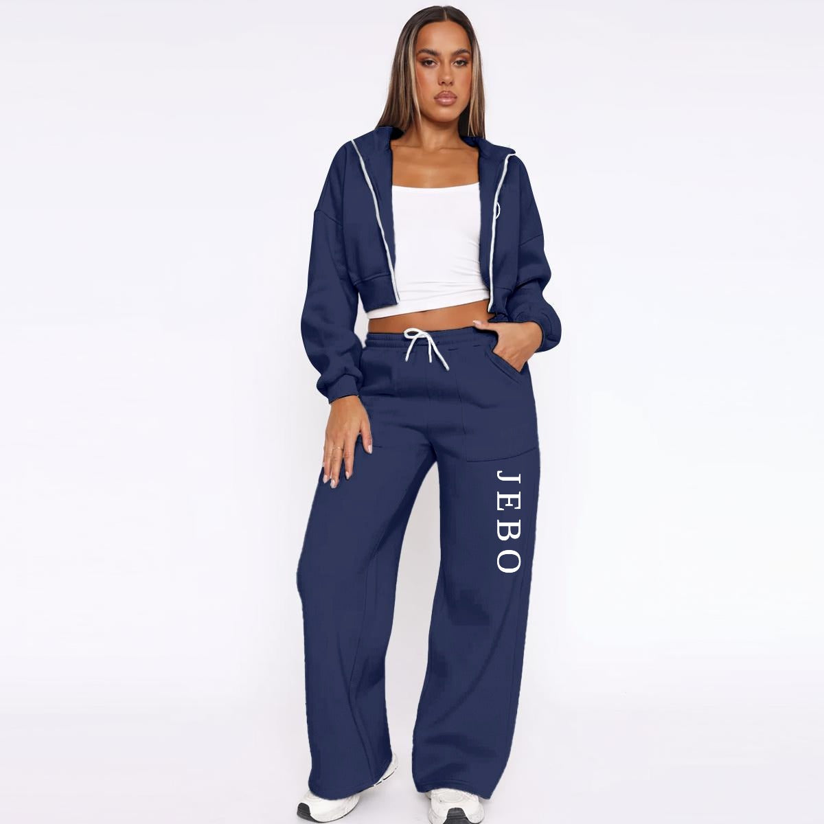 Women's fleece tracksuit, navy zip hoodie and wide-leg drawstring pants