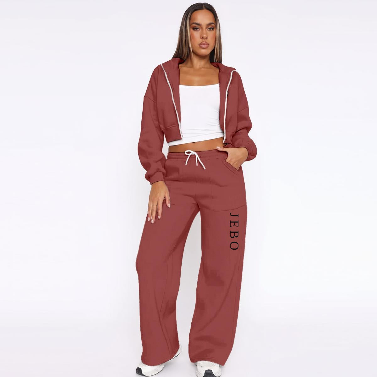 Women’s fleece tracksuit set in maroon: hooded zip jacket and drawstring wide-leg pants