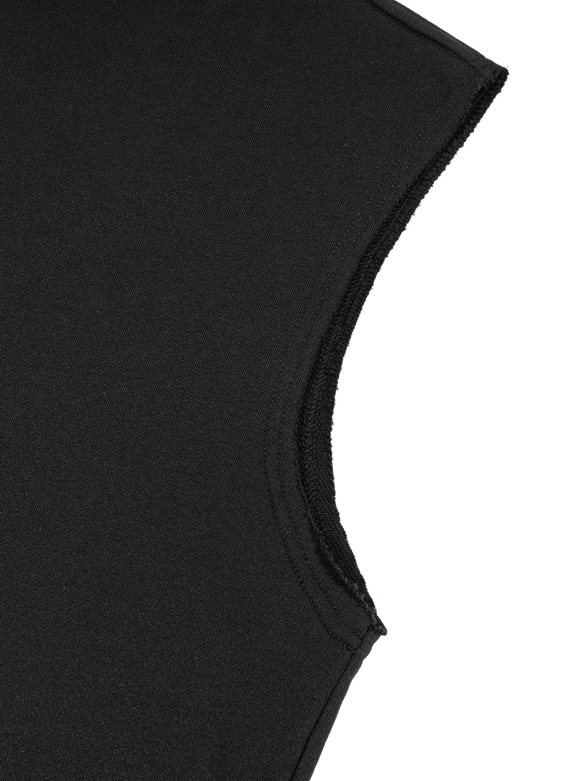 Black French terry tank hem edge and stitched seam detail