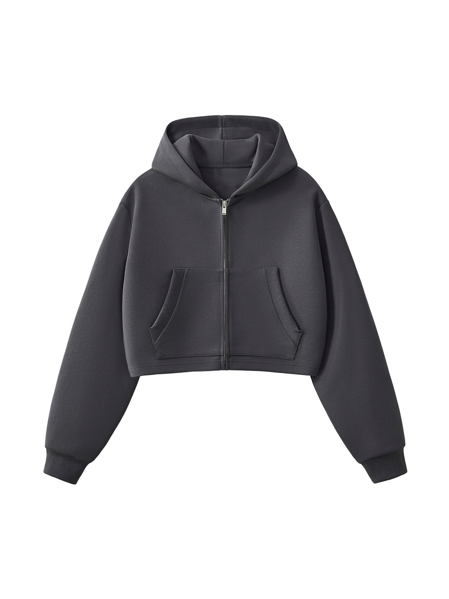 Cropped zip-up hoodie, dark gray, hooded with front zipper and kangaroo pockets
