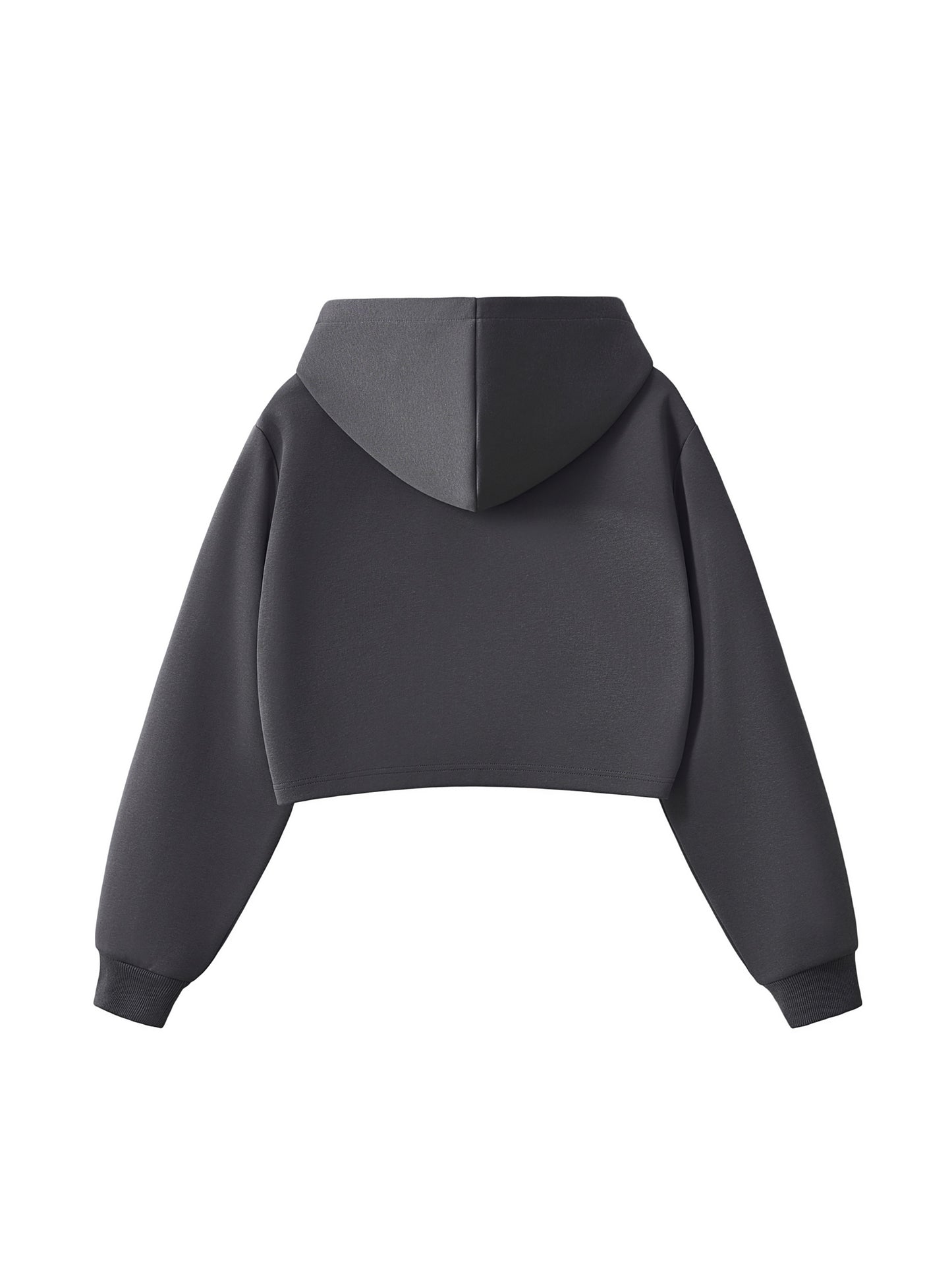 Cropped zip-up hoodie, dark gray, hooded back view without graphic, cropped fit