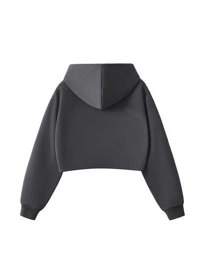 Cropped zip-up hoodie, dark gray, hooded back view without graphic, cropped fit