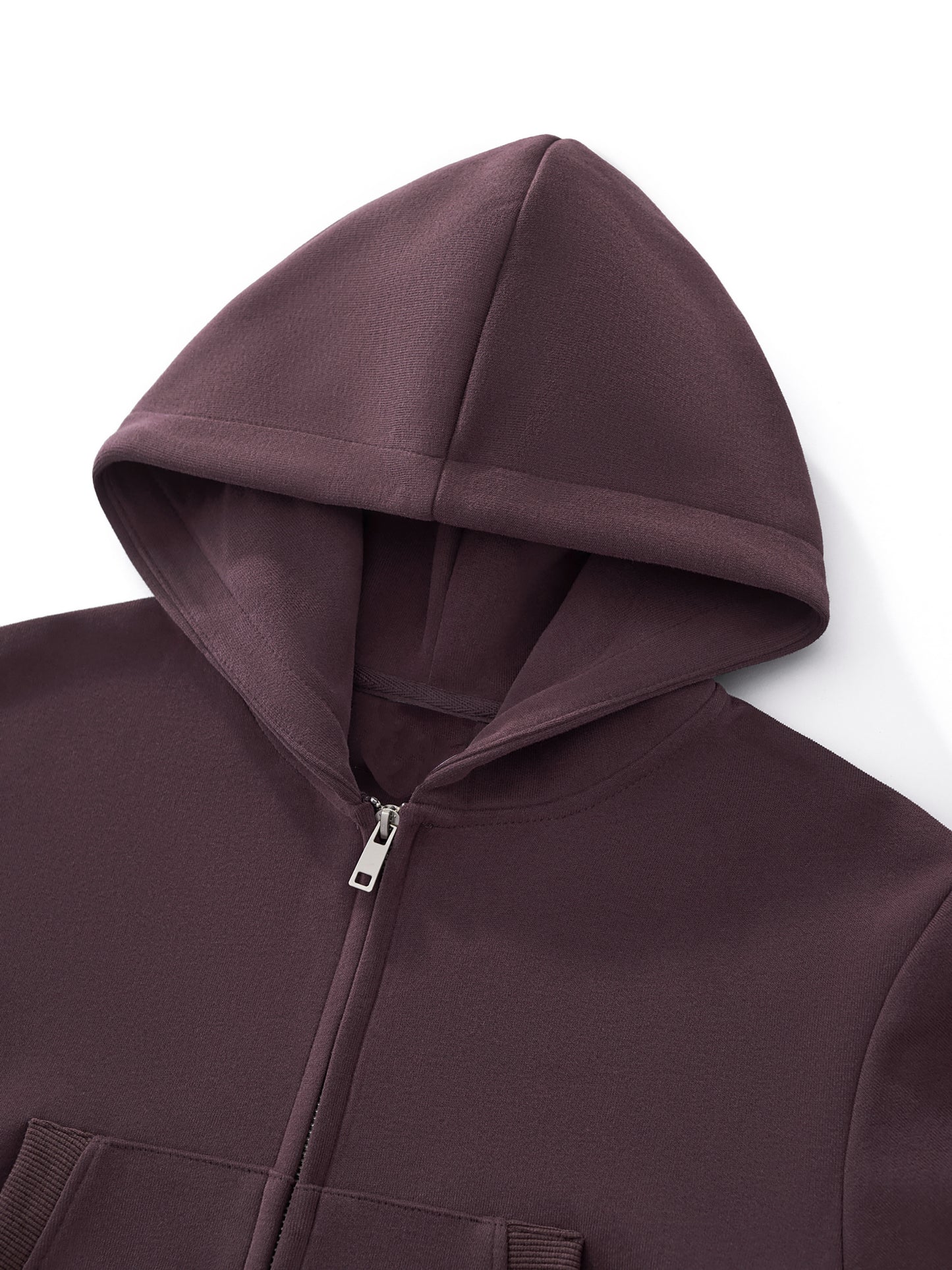 Women’s cropped zip-up hoodie in dark reddish purple, hood and silver zipper