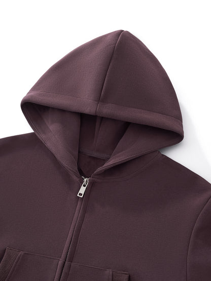 Women’s cropped zip-up hoodie in dark reddish purple, hood and silver zipper
