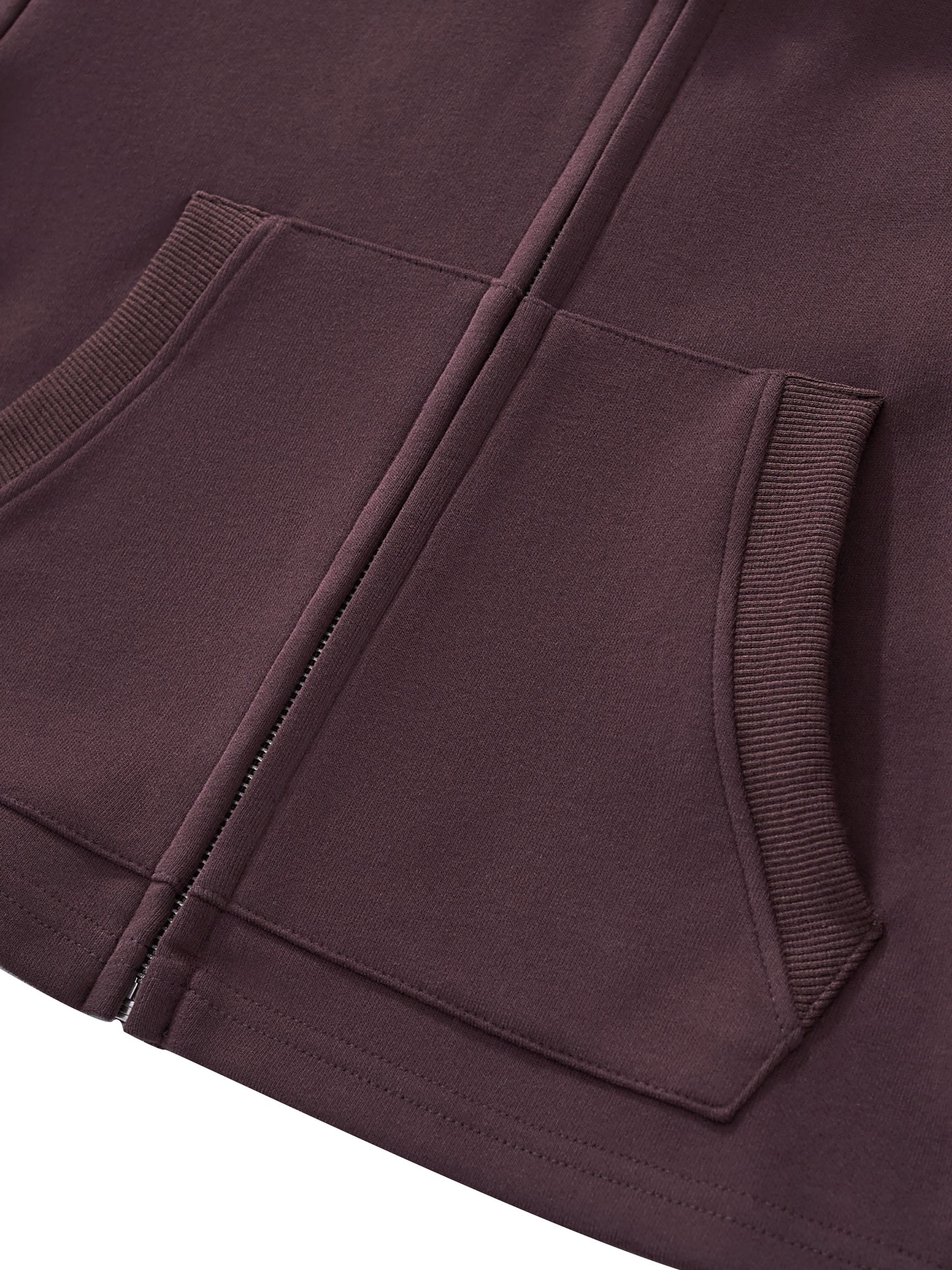 Women’s cropped zip-up hoodie in dark reddish purple, front pocket and stitched panel