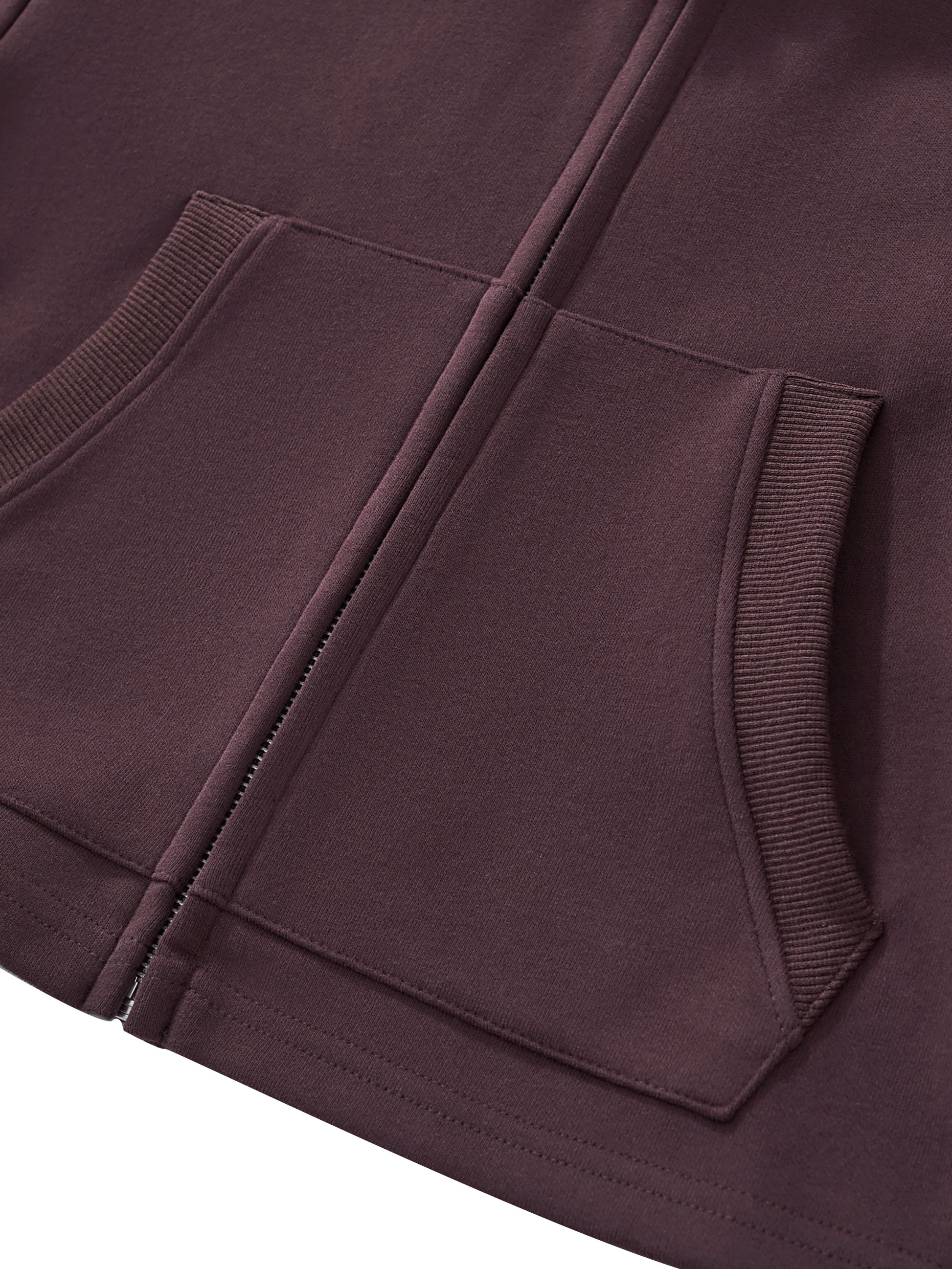 Women’s cropped zip-up hoodie in dark reddish purple, front pocket and stitched panel