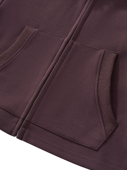Women’s cropped zip-up hoodie in dark reddish purple, front pocket and stitched panel
