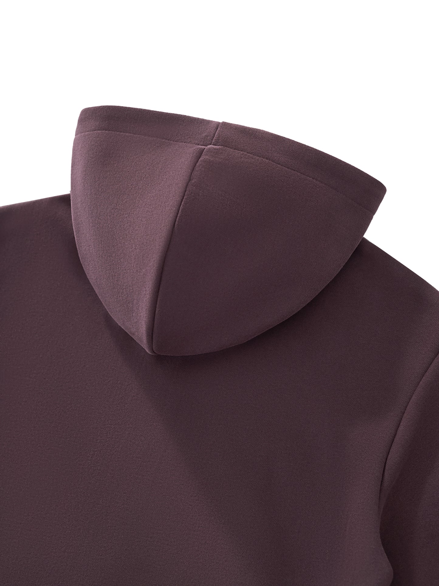 Women’s cropped zip-up hoodie in dark reddish purple, back hood view