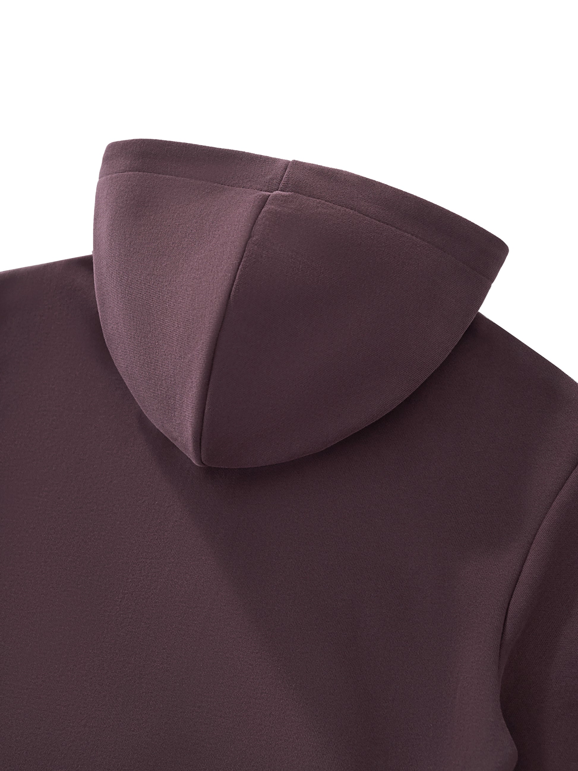 Women’s cropped zip-up hoodie in dark reddish purple, back hood view