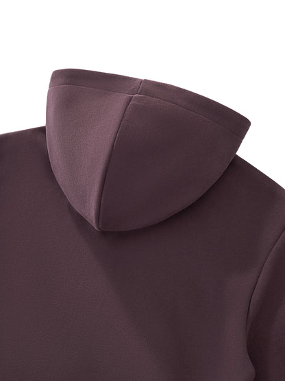 Women’s cropped zip-up hoodie in dark reddish purple, back hood view