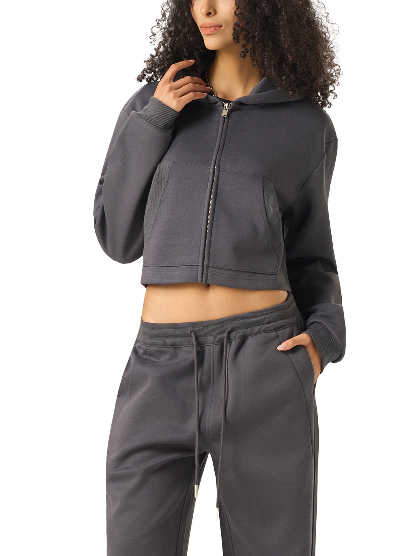 Women’s cropped zip-up hoodie in dark gray, hood, front zipper, long sleeves