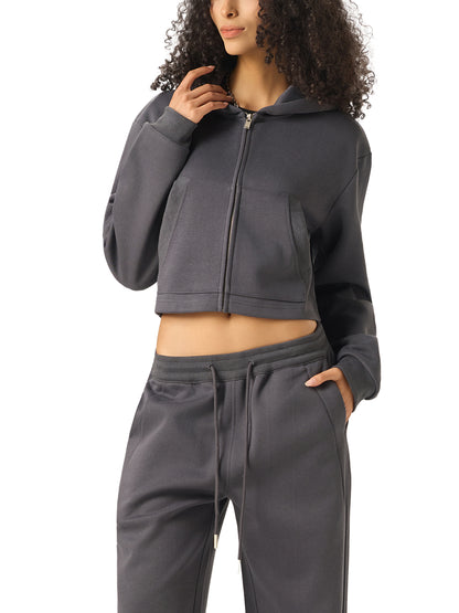 Women’s cropped zip-up hoodie in dark gray, hood, front zipper, long sleeves