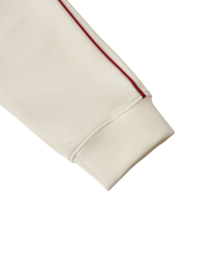 Cream raglan zip hoodie sleeve cuff with maroon contrast trim