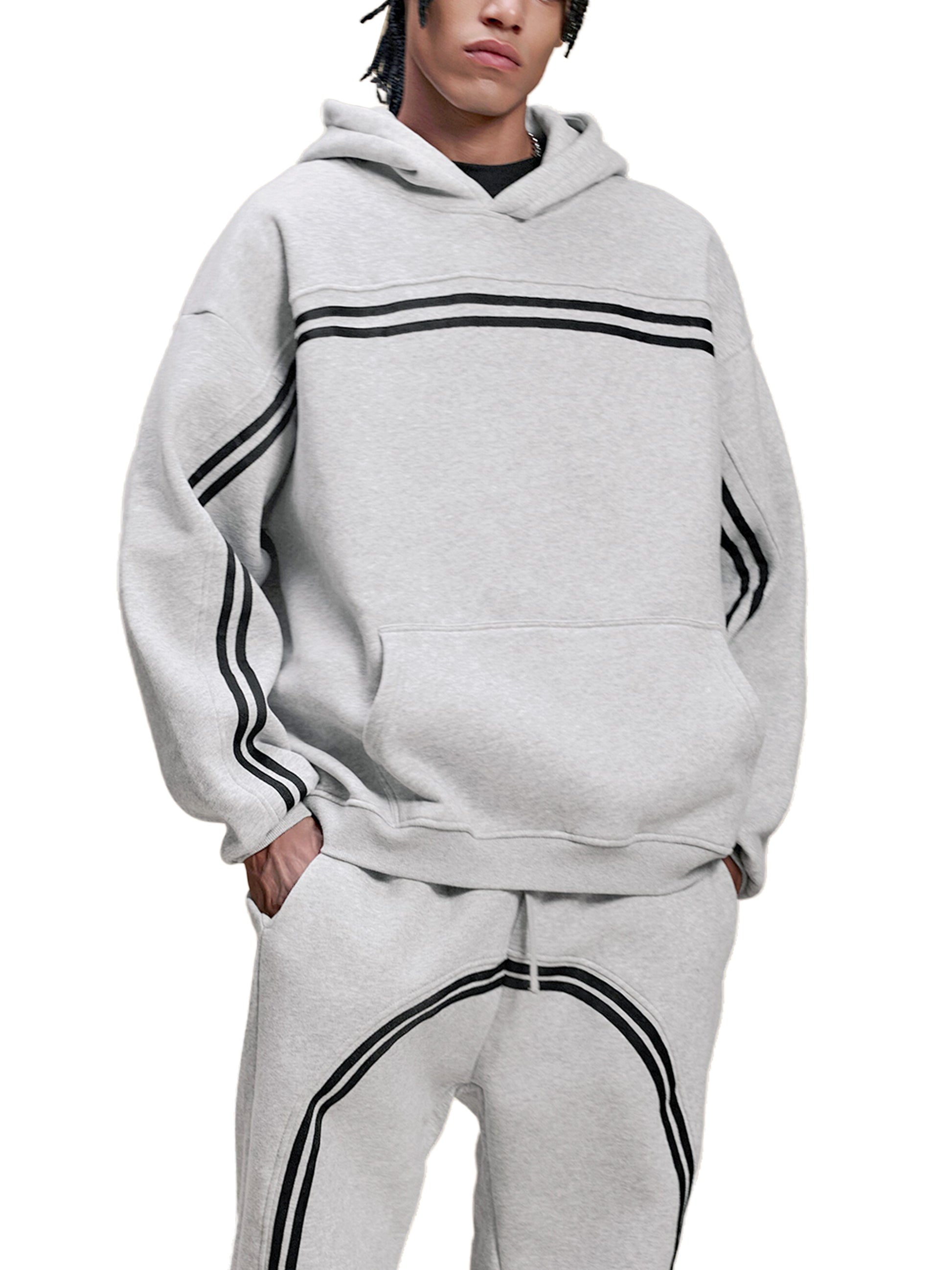 Light gray contrast hoodie with black striped chest band and kangaroo pocket