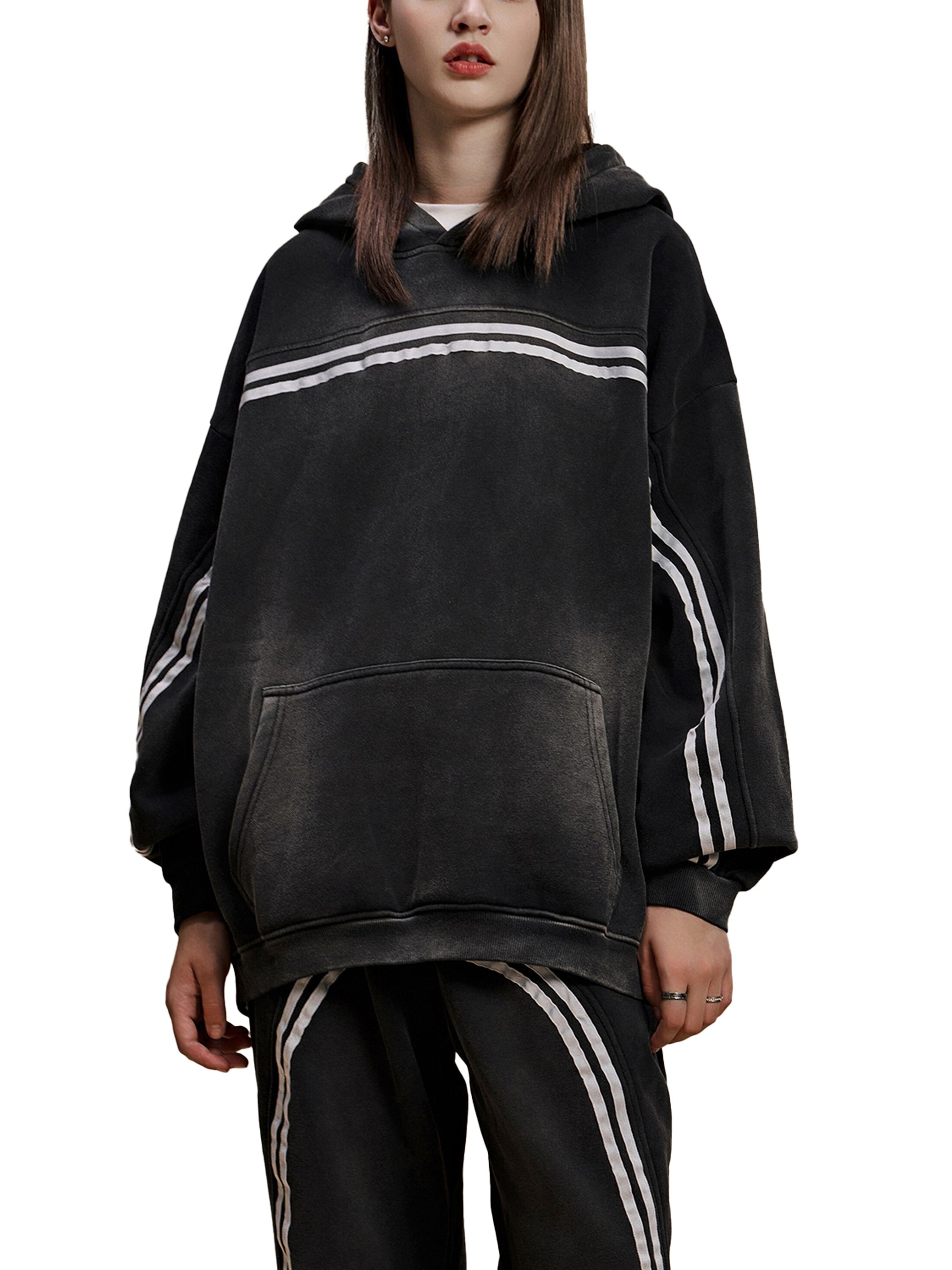 Black contrast stripe pullover hoodie with hood and kangaroo pocket