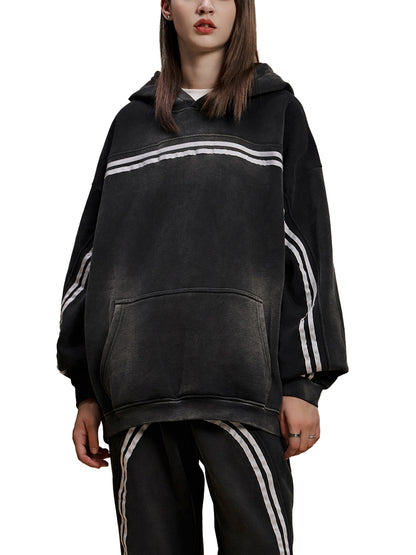 Black contrast stripe pullover hoodie with hood and kangaroo pocket