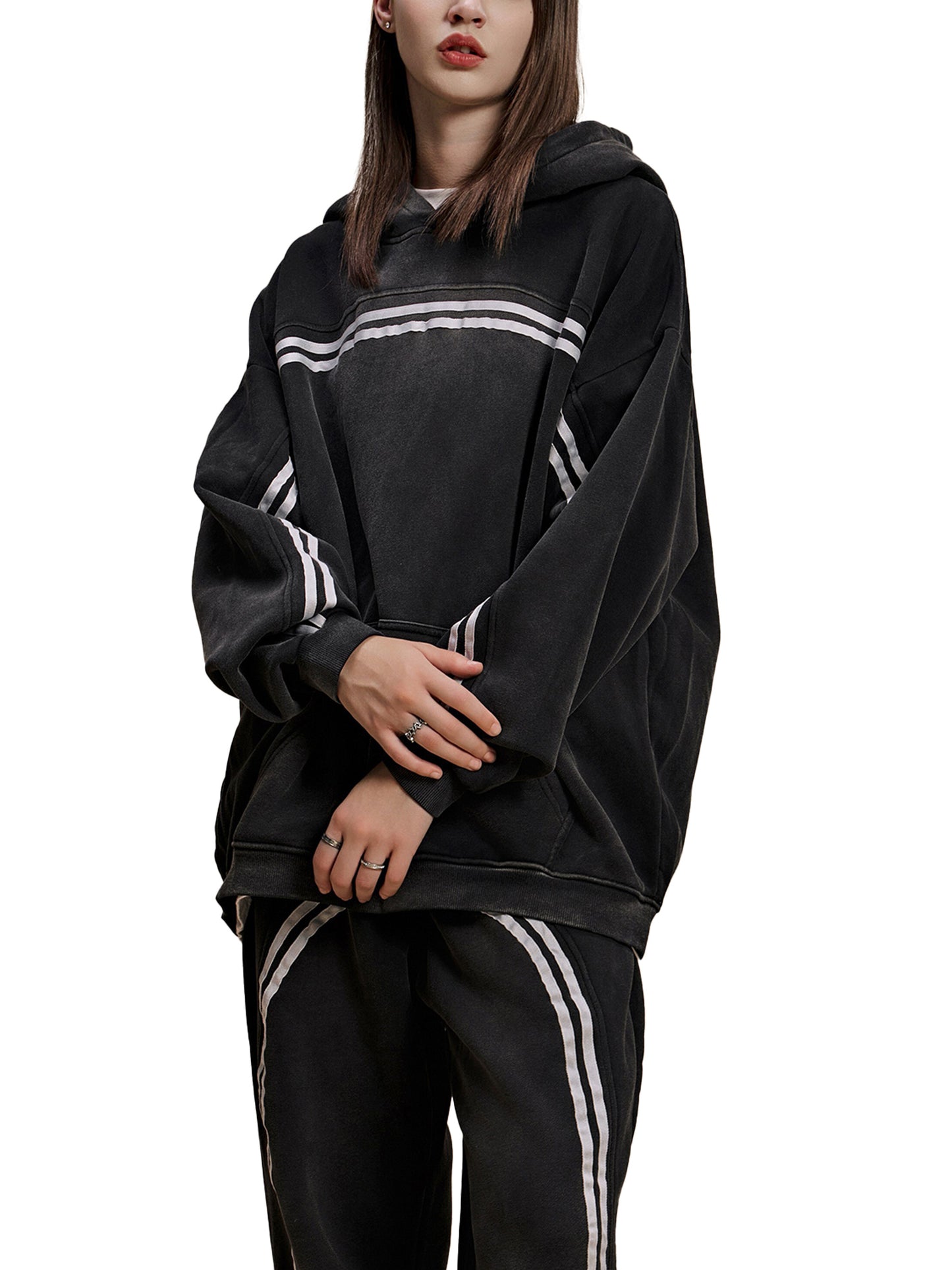 Black contrast hoodie with striped chest band, drawstring hood, kangaroo pocket