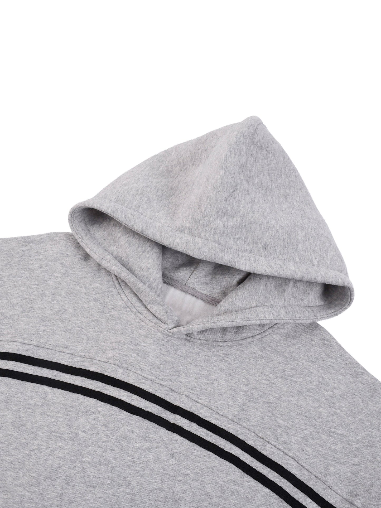 Light gray hoodie hood with black double stripe detail across chest