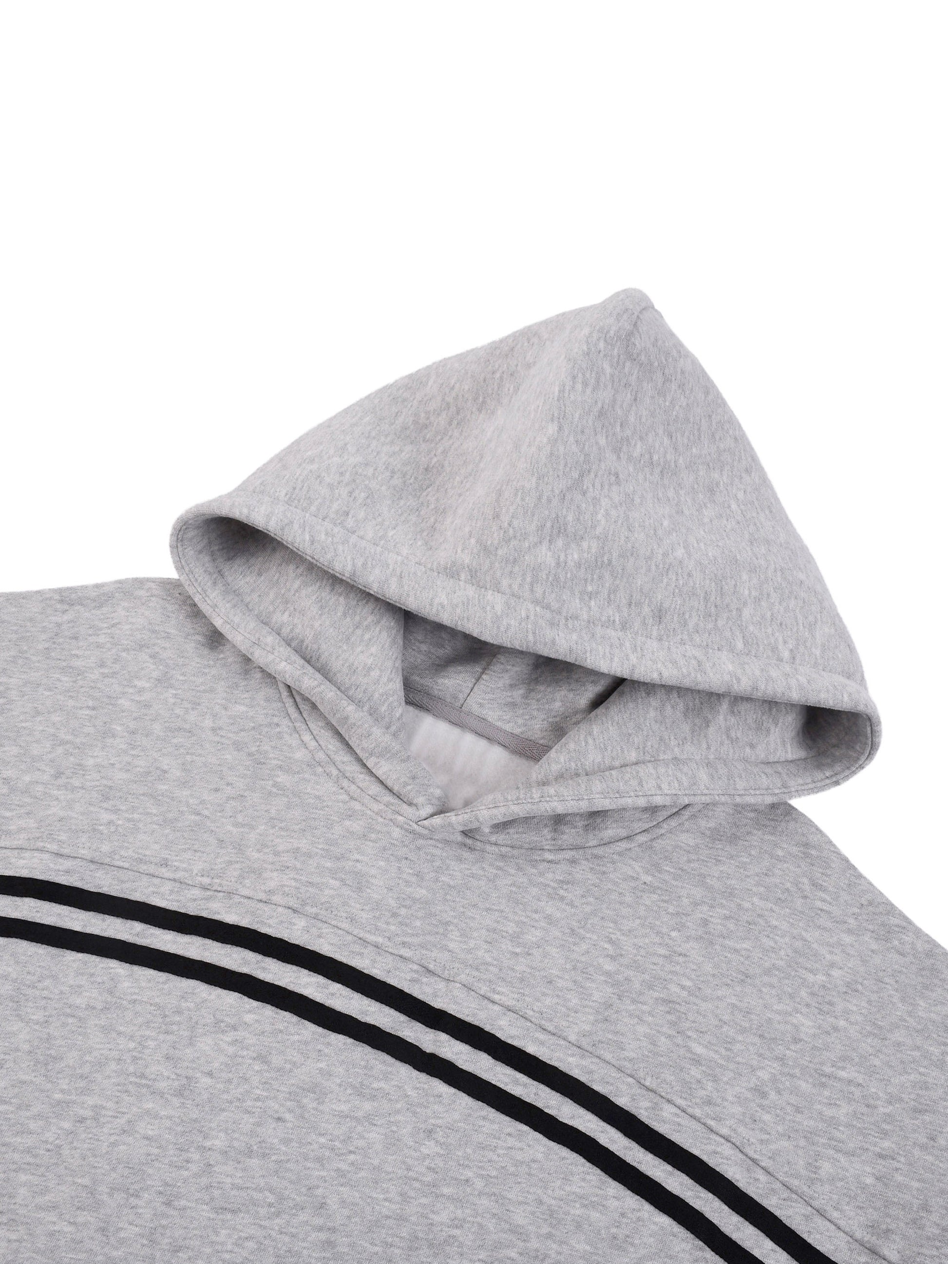 Light gray hoodie hood with black double stripe detail across chest