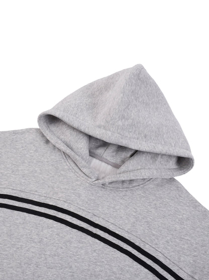 Light gray hoodie hood with black double stripe detail across chest
