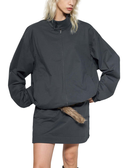 Dark bomber jacket with stand collar, zip front, ribbed cuffs and hem
