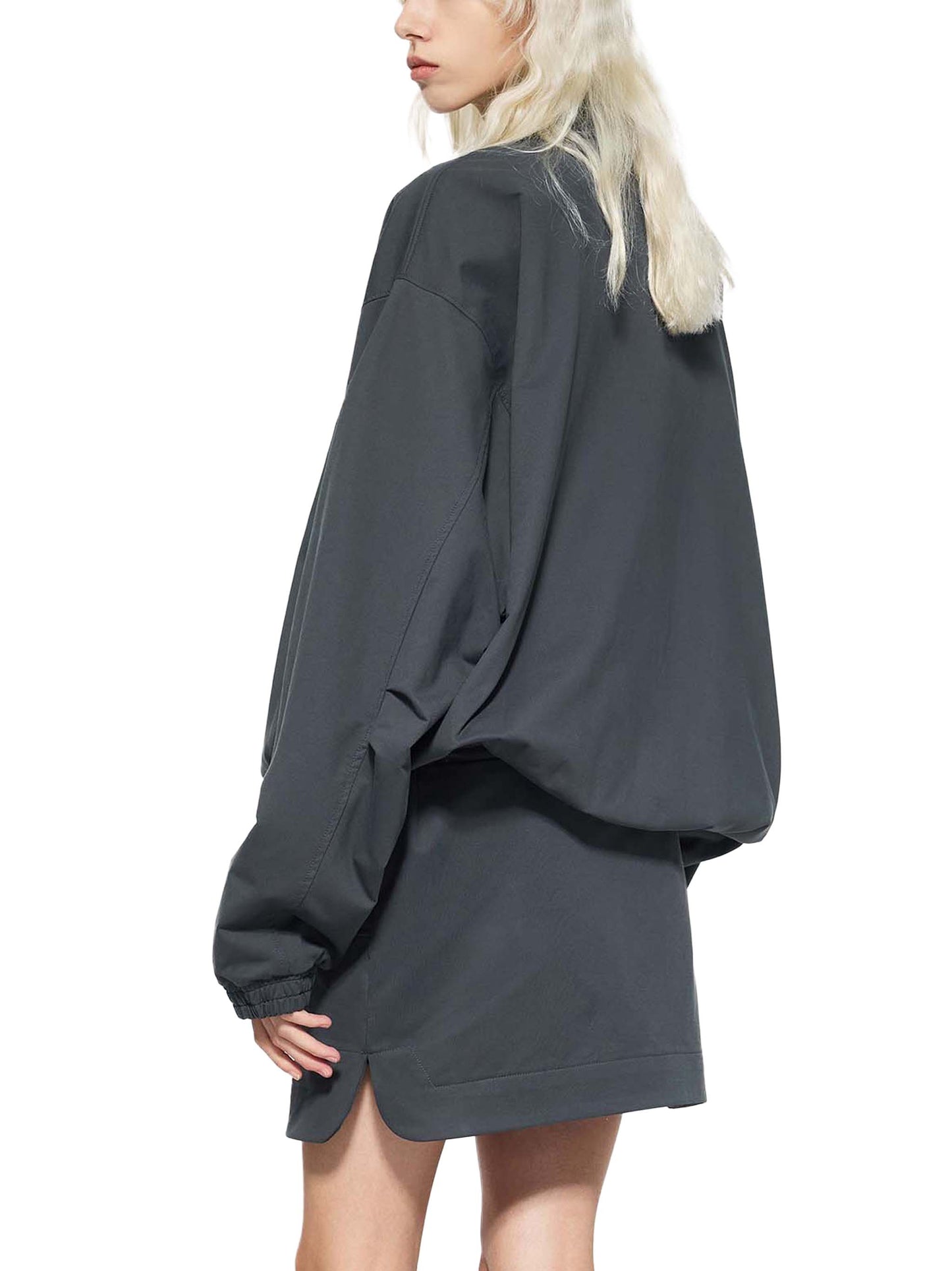 Dark stand collar bomber jacket with zip front and ribbed cuffs