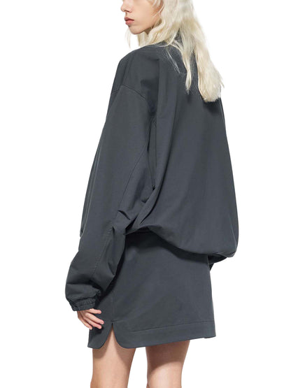 Dark stand collar bomber jacket with zip front and ribbed cuffs