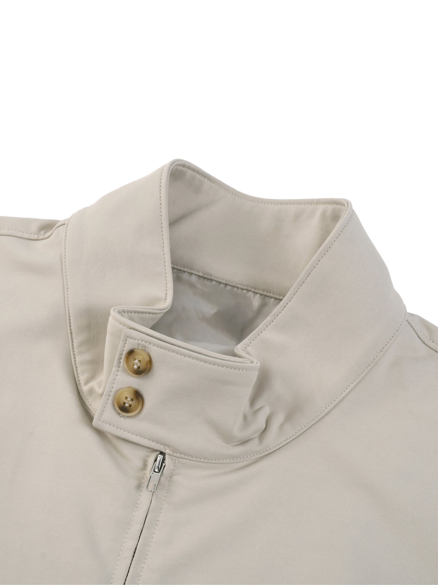 Beige stand collar bomber jacket with snap button placket and inner collar detail