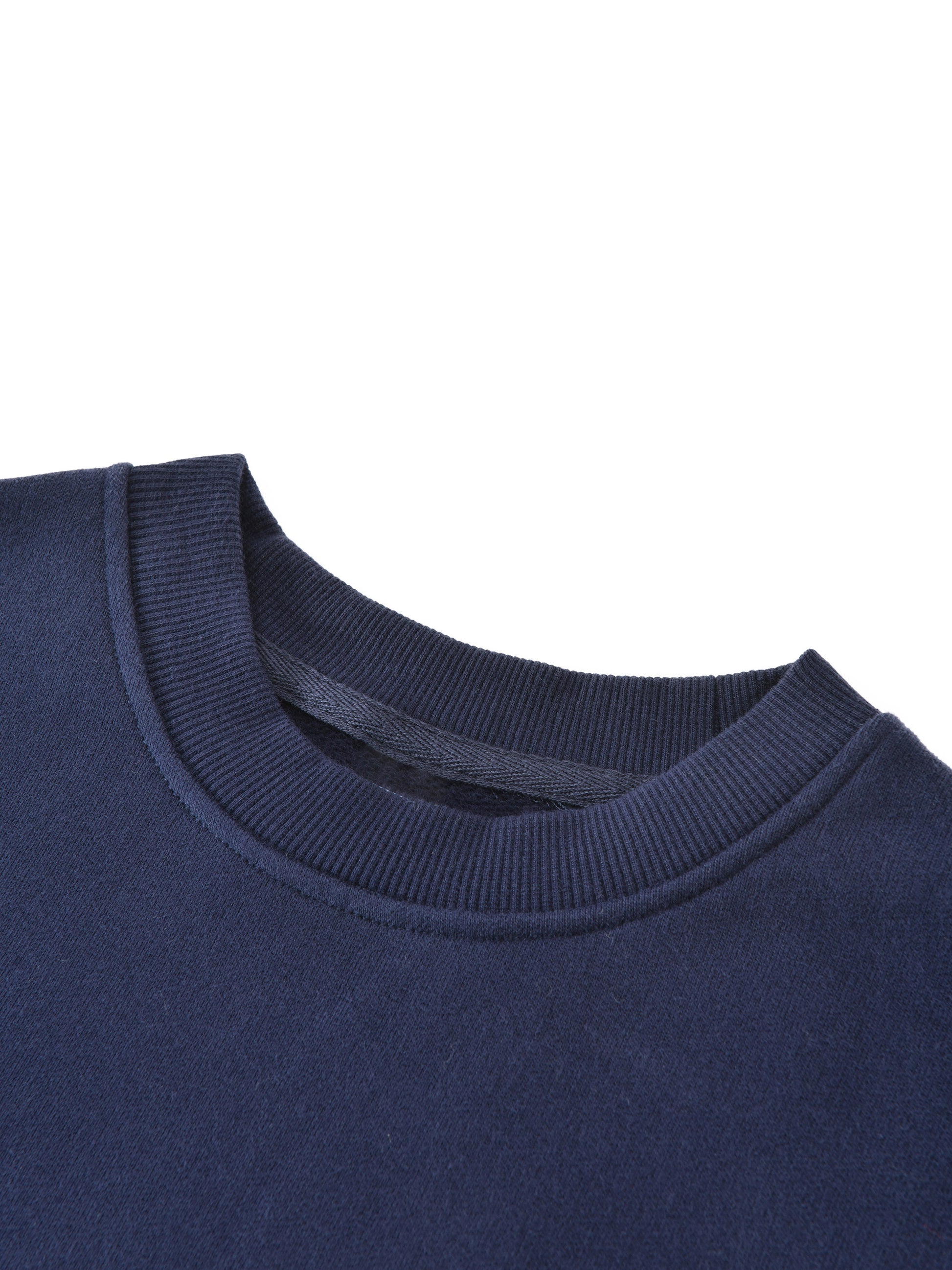 Kids fleece crewneck, navy, crew neck ribbed collar close-up