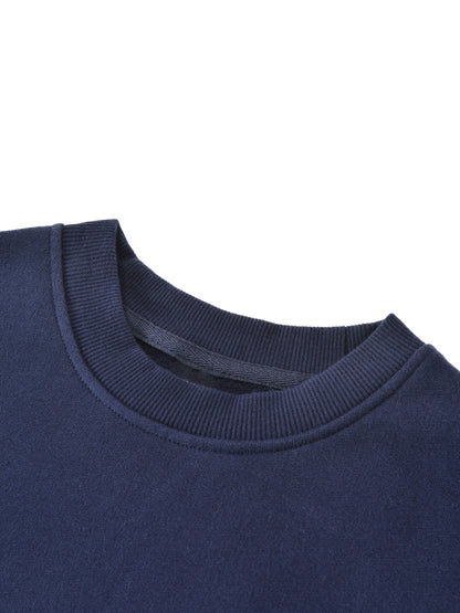 Kids fleece crewneck, navy, crew neck ribbed collar close-up