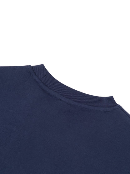 Kids fleece crewneck, navy, crew neck and shoulder seam close-up