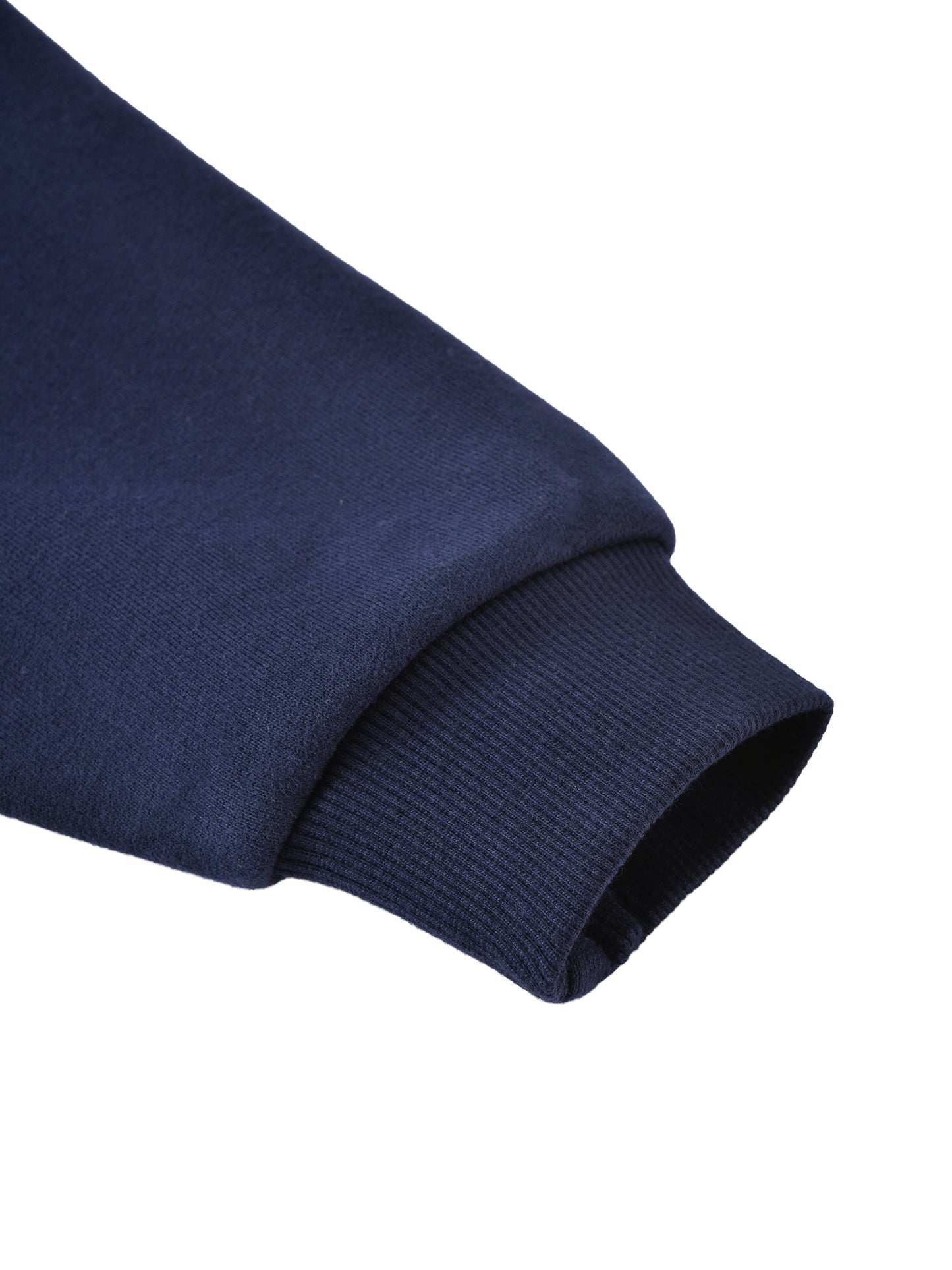 Kids fleece crewneck, navy, ribbed sleeve cuff with folded hem detail